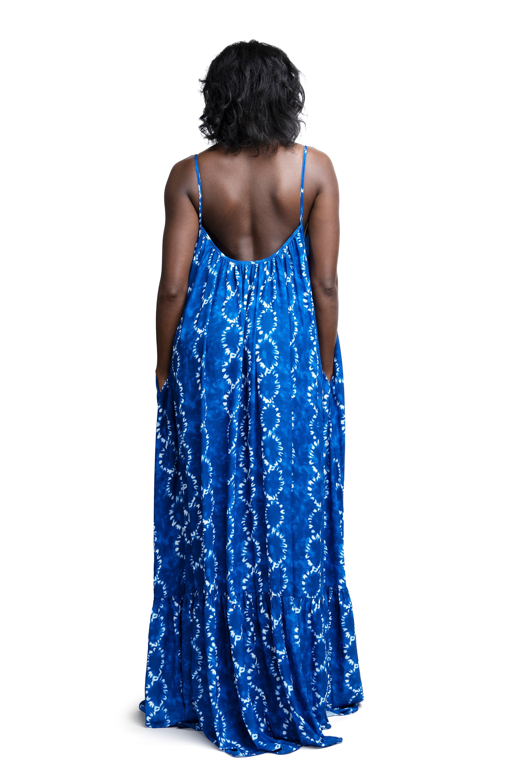 Blue Maxi Dress with Pockets Vibrant Elegant Statement African Ankara Flowy Dress with Low Back Evening Party Royal Dress