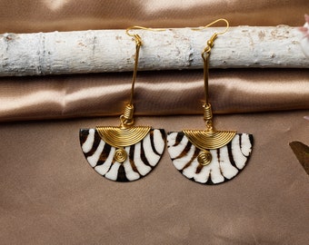 Brass Earrings African Print Black White Boho Tribal Ethnic Geometric Half Circle Long Dangling Earrings Statement Jewelry Birthday Gift