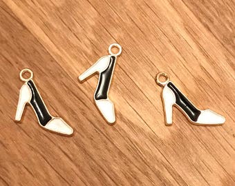 Gold Tone Gold Plated High Heel Shoe With Black & White Enamel 14mm x 13mm