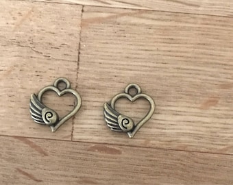 Hearts with Wings Bronze Tone Charms