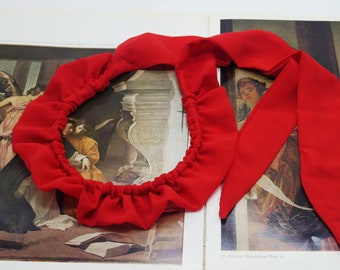 Red chiffon scrunchie headband. Scarf headband.  This ruched ruffle fascinator is dramatic, romantic and regency inspired