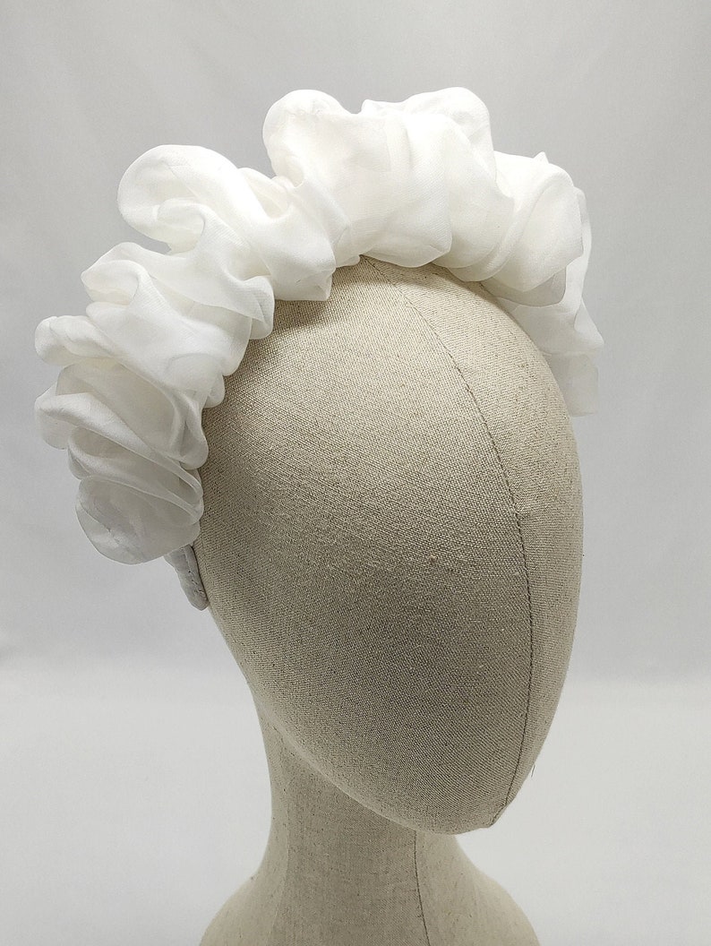 White chiffon scrunchie headband. This ruched ruffle fascinator is dramatic, romantic and regency inspired 
