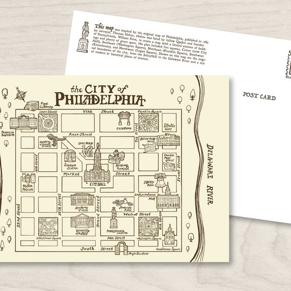 Philadelphia Postcard - Philadelphia Map - 5x7 Philly Postcard - Center City Philadelphia Art - Pennsylvania Art Print - Philly Prints Gift