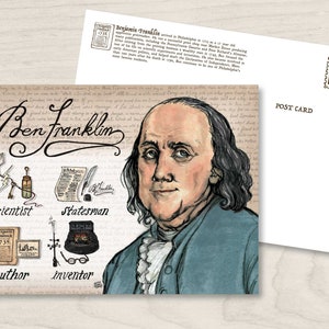Cartolina Ben Franklin Philadelphia - Storia Americana - 5 x 7 pollici - Carta Ephemera / Regalo di Viaggio Filaleno