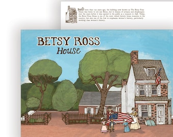 May include: A postcard depicting the Betsy Ross House, a historic home in Philadelphia, Pennsylvania. The house is painted white with a brown brick foundation and a gray roof. There are two trees in the front yard, and a group of people are standing in front of the house holding an American flag.