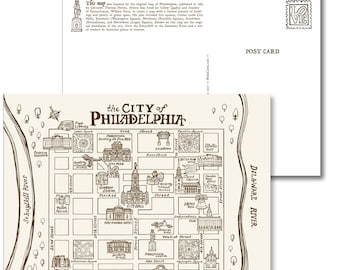 May include: A cream-colored postcard featuring a detailed map of Philadelphia, Pennsylvania, with the city's name at the top. The map includes landmarks, streets, and the Schuylkill and Delaware Rivers. The back of the postcard has the words "POST CARD" and a "LOVE" stamp.