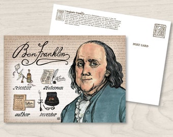 May include: A vintage-style postcard featuring a portrait of Benjamin Franklin, a founding father of the United States. The postcard includes the text "Ben Franklin" in a handwritten font and lists his accomplishments as "scientist", "statesman", "author", and "inventor".