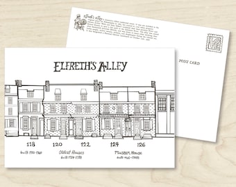 May include: A black and white line drawing of Elfreth's Alley in Philadelphia, Pennsylvania. The drawing shows a row of six historic houses, with the numbers 118, 120, 122, 124, and 126 labeled below each house. The text "Oldest Houses built 1724-1728" is below the house numbered 120. The text "Museum House built mid-1700s" is below the house numbered 124. The text "built 1753-1760" is below the house numbered 118. The text "Elfreth's Alley" is at the top of the drawing.
