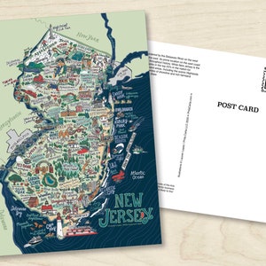 New Jersey Map Art- NJ Postcard  - 5 x 7 inches - Paper Ephemera / Travel Gift / Postcrossing
