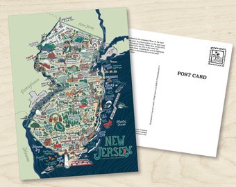 New Jersey Map Art- NJ Postcard  - 5 x 7 inches - Paper Ephemera / Travel Gift / Postcrossing