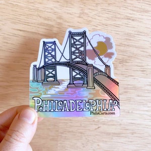 Philly Sticker - Philadelphia Sticker - Ben Franklin Bridge - Philadelphia Skyline Gift - Holographic Water Bottle Decal - Philadelphia Art