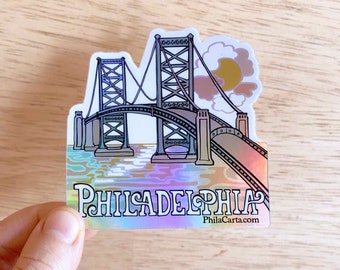 Adesivo Philly - Adesivo Philadelphia - Ponte Ben Franklin - Regalo Skyline di Filadelfia - Decalcomania olografica per bottiglia d'acqua - Arte Filadelfia