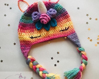 Crochet Rainbow Unicorn Hat. Flower Unicorn. Plaited Hat. Horse Hat. Unicorn Beanie for Girls/Boys. Birthday Gift. Mythical Creature.