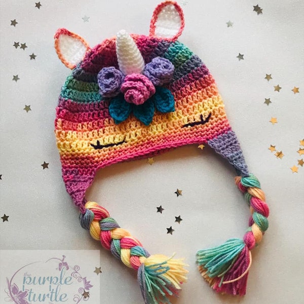 Crochet Rainbow Unicorn Hat. Flower Unicorn. Plaited Hat. Horse Hat. Unicorn Beanie for Girls/Boys. Birthday Gift. Mythical Creature.