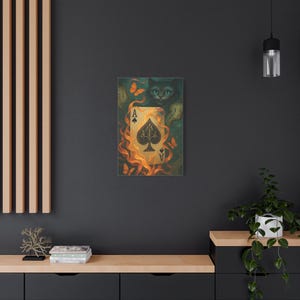 Impressão artística em tela excêntrica - Gato e Ás de Espadas, decoração boho para casa, presente para amantes de gatos, arte de parede exclusiva, decoração de fantasia
