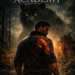 May include: Book cover for "Ashfall Academy" featuring a man in a dark jacket, facing away, with glowing orange energy patterns. A large bear with glowing eyes looms behind him. The title is at the top, with the author's name at the bottom.