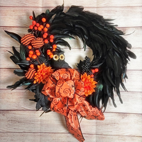 Corona de plumas, Corona de plumas de Halloween, Corona de Halloween, Decoración de Halloween, Decoración de otoño, Corona de puerta principal