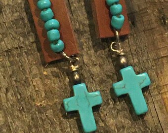 Shiloh Leather Saddle Flower Cross With Turquoise Stone 