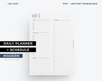 A6 daily planner pages, A6 day on one page, undated daily planner, A6 daily agenda