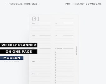 Personal Wide weekly planner printable, weekly agenda week on one page insert