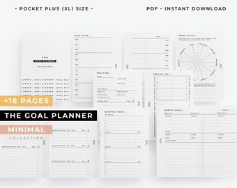 May include: A black and white printable goal planner with 18 pages. The planner includes sections for yearly, quarterly, monthly, and daily goals. It also includes a wheel of life and areas of life sections.