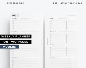 Personal size minimalist weekly planner, week on two page, daily tracker