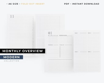 A6 foldout monthly overview insert, A6 planner refill