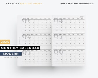 2024 A6 Foldout monthly planner, 2024 monthly calendar foldout insert, minimal calendar template, 2024 dated monthly planner