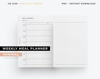 A6 Foldout weekly meal planner, meal prep inserts, menu planning insert