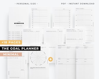 Puede incluir: Un conjunto de páginas de planificador de objetivos minimalistas en formato PDF. Las páginas incluyen seguimientos de objetivos anuales, trimestrales y mensuales, además de una rueda de la vida y otras herramientas de planificación. El texto incluye "The Goal Planner" y "Minimal Collection".