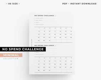 A6, No spend challenge, 30 days challenge, A6 No spend tracker, financial planner printable, A6 planner insert