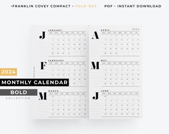 FCC, 2024 Foldout monthly calendar, FC Compact size 2024 folded yearly calendar, 2024 year at a glance FCC