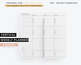 May include: A minimalist vertical weekly planner insert with a fold-out design. The planner features sections for each day of the week, including space for schedules, important notes, and trackers. The text on the planner reads "Weekly Planner" and "Minimal Collection".