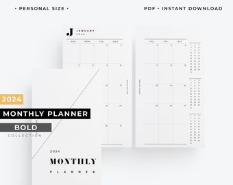 Personal size, 2024 Monthly planner , 2024 Monthly calendar printable, Personal size month on two pages, DATED MO2P