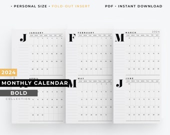 2024 Foldout monthly calendar, Personal size 2024 folded yearly calendar, 2024 Year at a glance