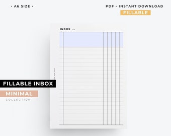 A6 Fillable Inbox printable planner, brain dump insert,A6 tasks list printable, A6 categorized lists, gtd system insert