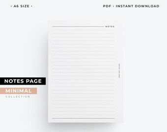 Minimal Notes page for A6 planners, notes template planner printable, dotted grid lined paper printable