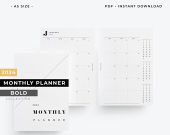 A5 2024 Monthly planner printable, 2024 monthly calendar printable, A5 month on two pages insert