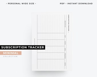 Personal wide size, PW Subscription tracker insert, personal wide subscription log, financial planner printable