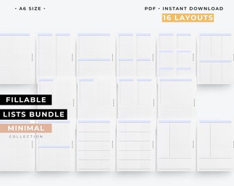 A6 Fillable lists bundle, Editable to do list, 16 different Layout, daily to do list, customized bucket list