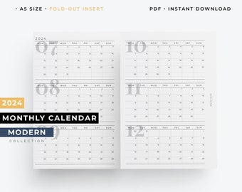 A5, fold-out yearly planner, 2024 year at a glance, 2024 A5 monthly calendar