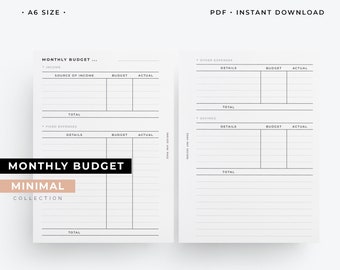 A6 Monthly Budget printable planner, A6 finances planner, A6 expenses tracker, A6 money tracker, A6 planner insert