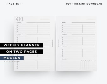 May include: A two-page spread of a white weekly planner. The planner features sections for each day, a tracker, and the text "WEEKLY PLANNER ON TWO PAGES MODERN COLLECTION". The planner is A6 size.