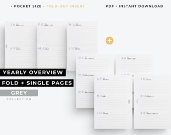 Pocket, Undated yearly overview printable, Pocket folded yearly insert, Year at a glance printable