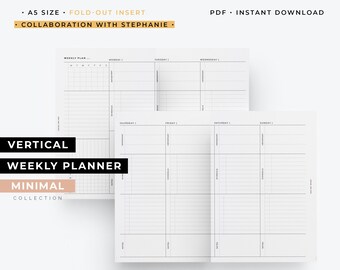 May include: A black and white printable vertical weekly planner with a minimalist design. The planner is A5 size and is a fold-out insert. The planner includes a weekly plan, Monday through Sunday.