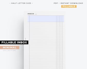 Half Letter, Fillable Inbox insert printable planner, inbox tracker for Half letter planners, Half Letter gtd inserts