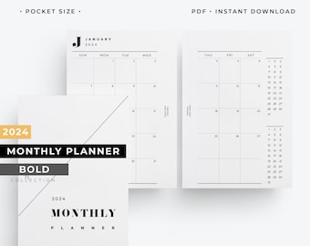 Pocket size 2024 Monthly planner, 2024 planner printable, Pocket size month on two pages printable