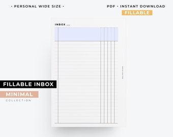 Personal Wide Fillable Inbox printable planner, Categorized lists, brain dump insert