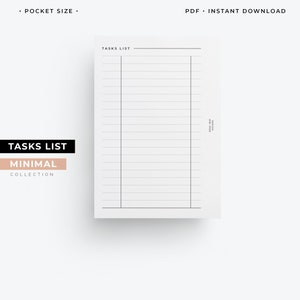 Puede incluir: Una plantilla de lista de tareas imprimible con el título "TASKS LIST" en texto negro. La plantilla tiene una línea vertical en el centro y líneas horizontales a través de la página. El texto "TASKS LIST MINIMAL COLLECTION" está en la esquina inferior izquierda.