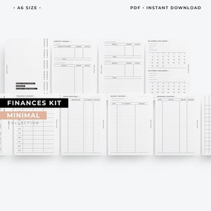 Puede incluir: Un kit de finanzas imprimible con un diseño minimalista. El kit incluye páginas para el presupuesto mensual, el registro de cheques, el seguimiento de ahorros, el desafío de no gastar y el seguimiento de gastos.